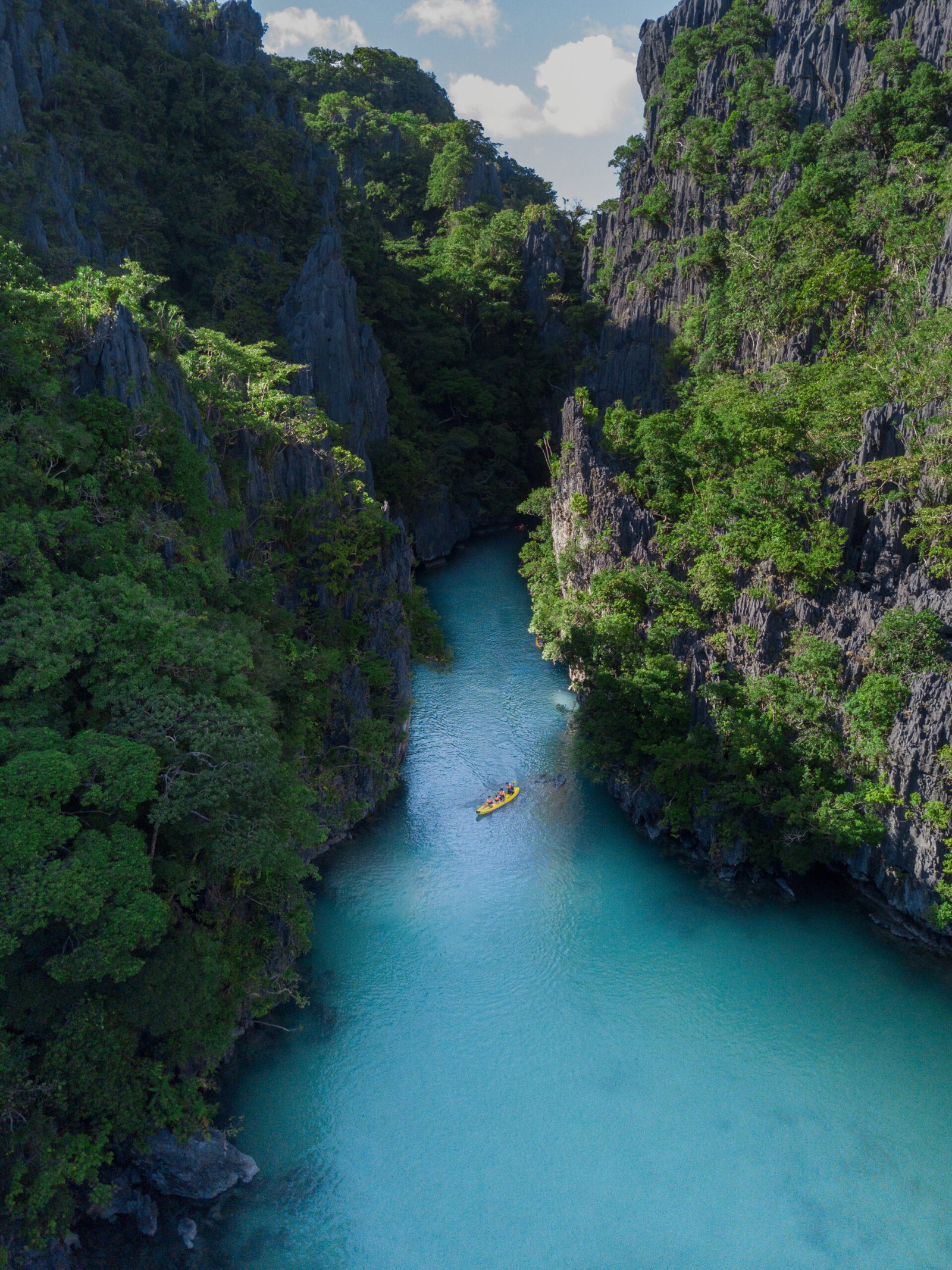 boat on the river surrounded by the cliffs covered in greens